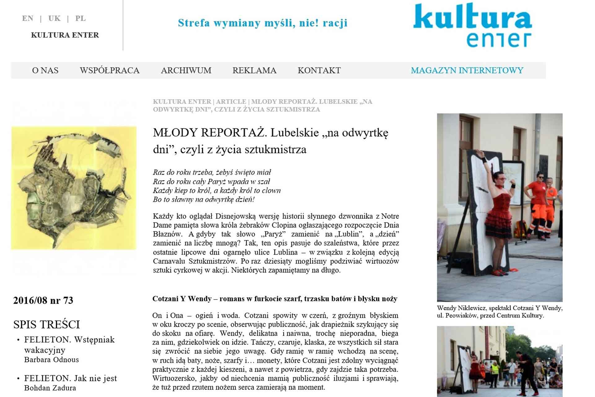 Original magazine article scan: Kultura Enter Magazine coverage of Cotzani and Wendy in Poland with cyan logo